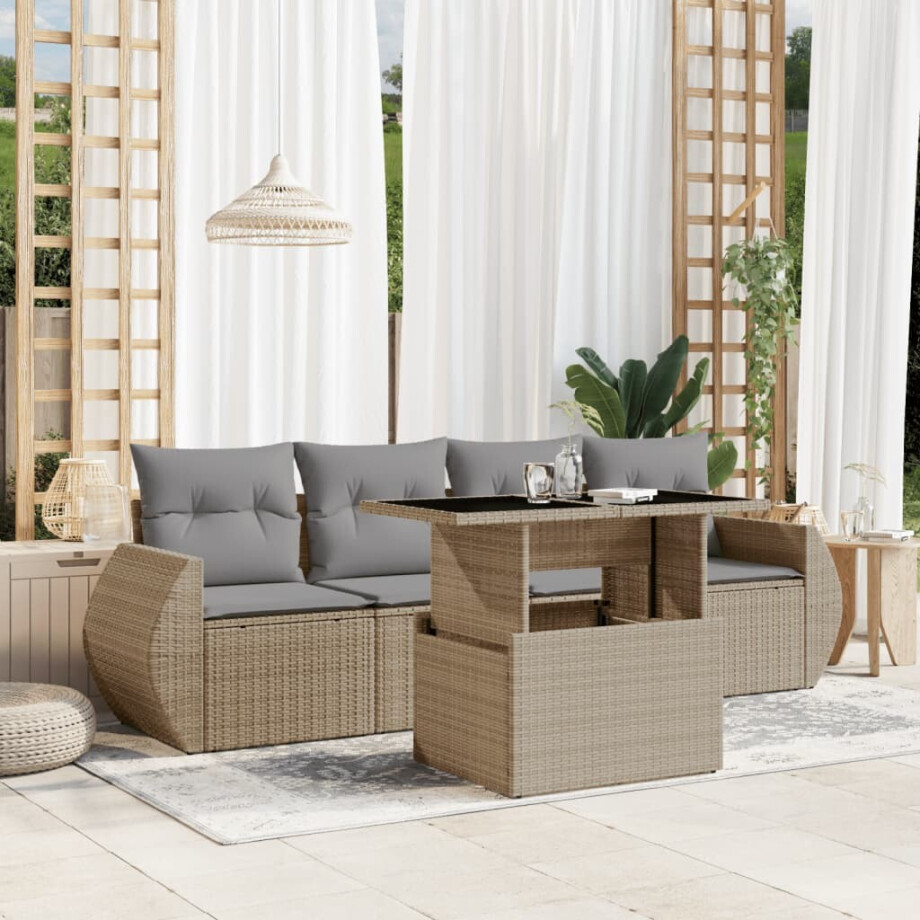 vidaXL 5-delige Loungeset met kussens poly rattan beige afbeelding 1