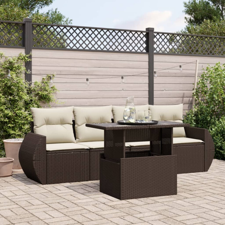vidaXL 5-delige Loungeset met kussens poly rattan bruin afbeelding 1