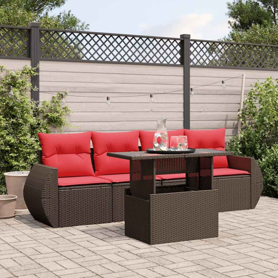 vidaXL 5-delige tuinbankset met kussens, bruin polyrotan vidaXL 5-delige tuinbankset met kussens, bruin polyrotan afbeelding 1