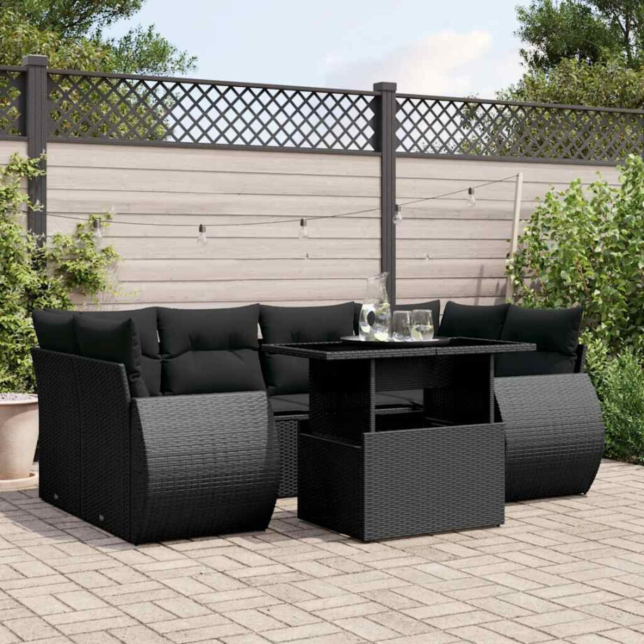 vidaXL 7-delige Loungeset met kussens poly rattan zwart vidaXL 7-delige Loungeset met kussens poly rattan zwart afbeelding 1