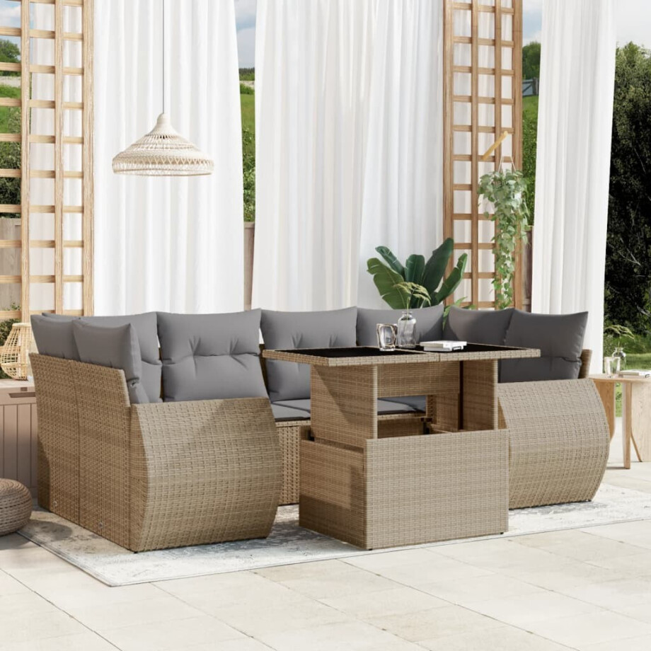 vidaXL 7-delige Loungeset met kussens poly rattan beige afbeelding 1
