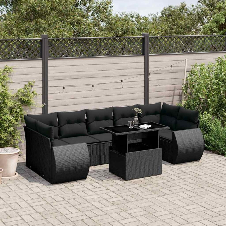 vidaXL 8-delige Loungeset met kussens poly rattan zwart afbeelding 1