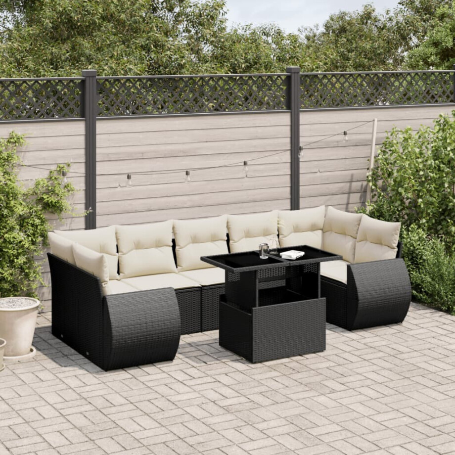 vidaXL 8-delige Loungeset met kussens poly rattan zwart afbeelding 1