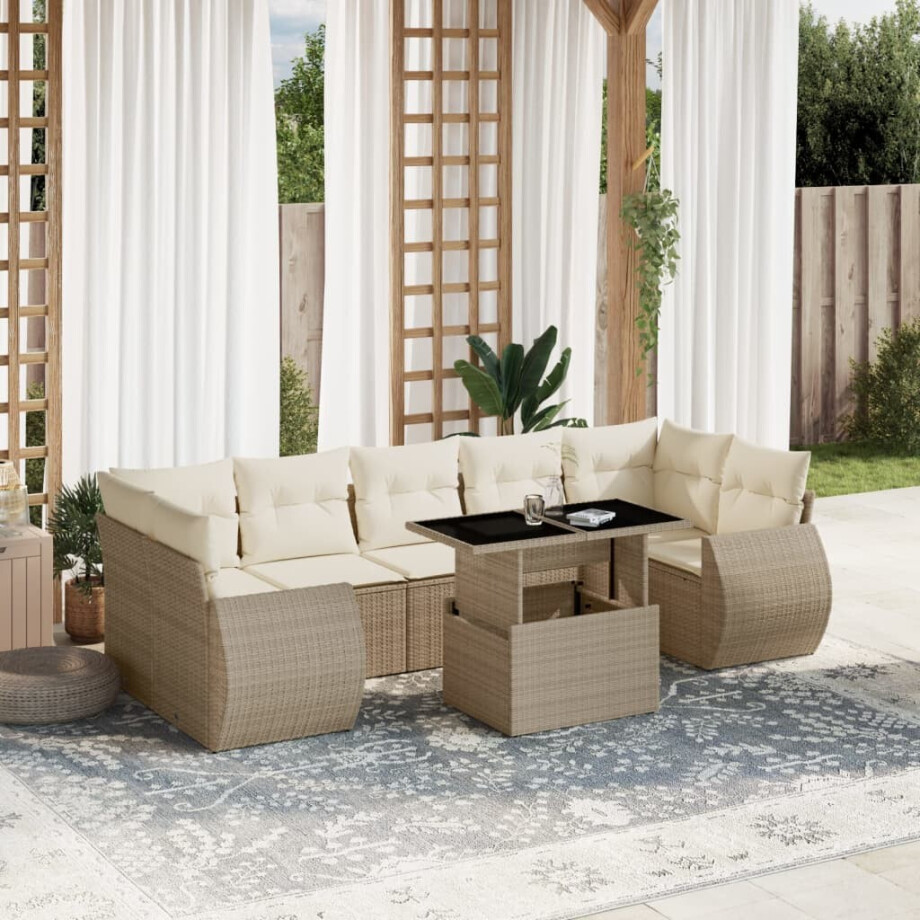 vidaXL 8-delige Loungeset met kussens poly rattan beige afbeelding 1