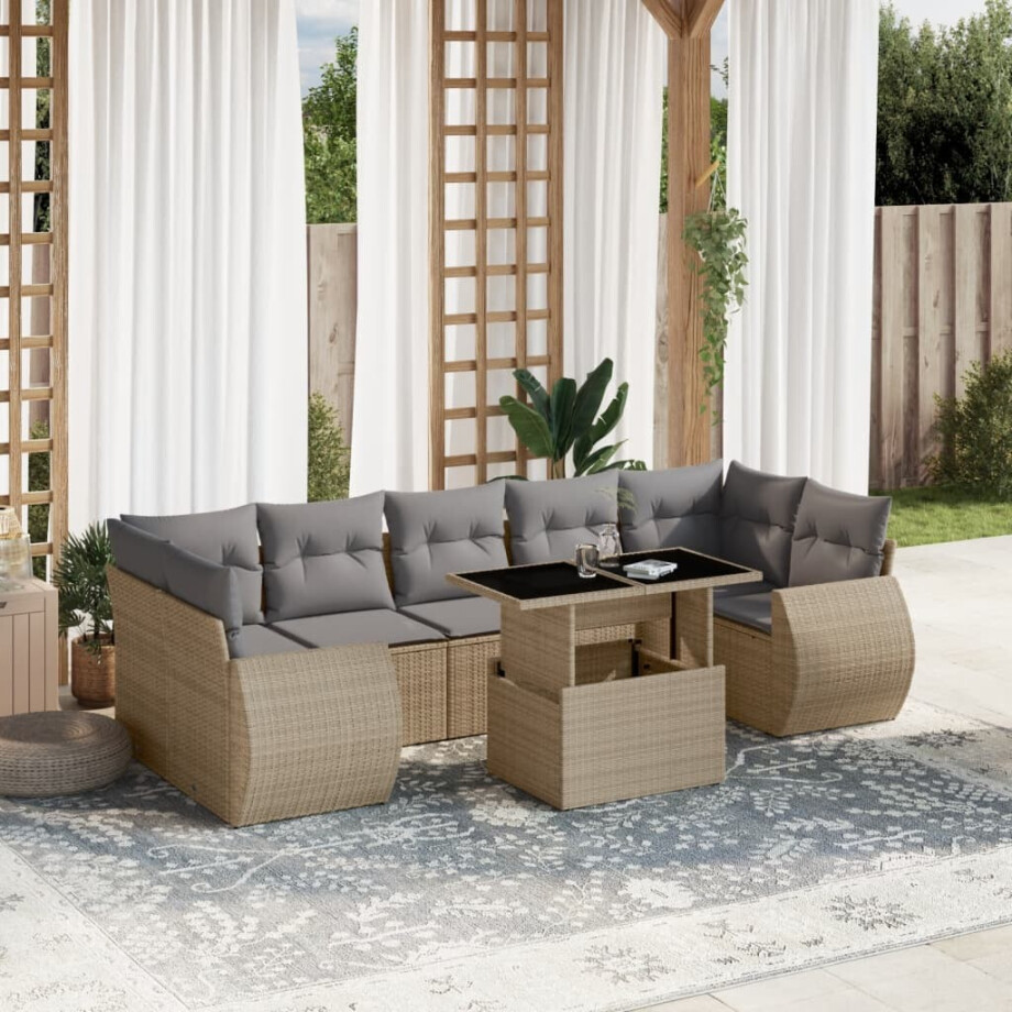 vidaXL 8-delige Loungeset met kussens poly rattan beige afbeelding 1