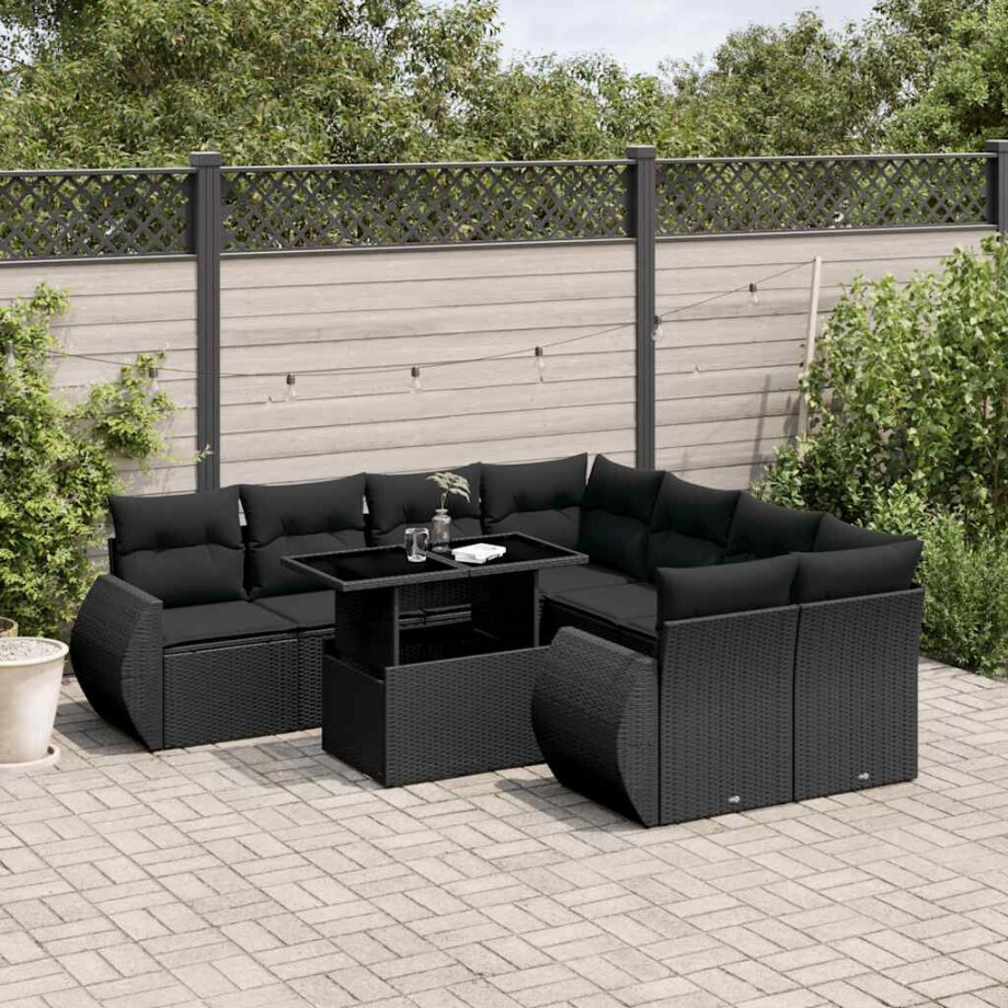 vidaXL 9-delige Loungeset met kussens poly rattan zwart afbeelding 1