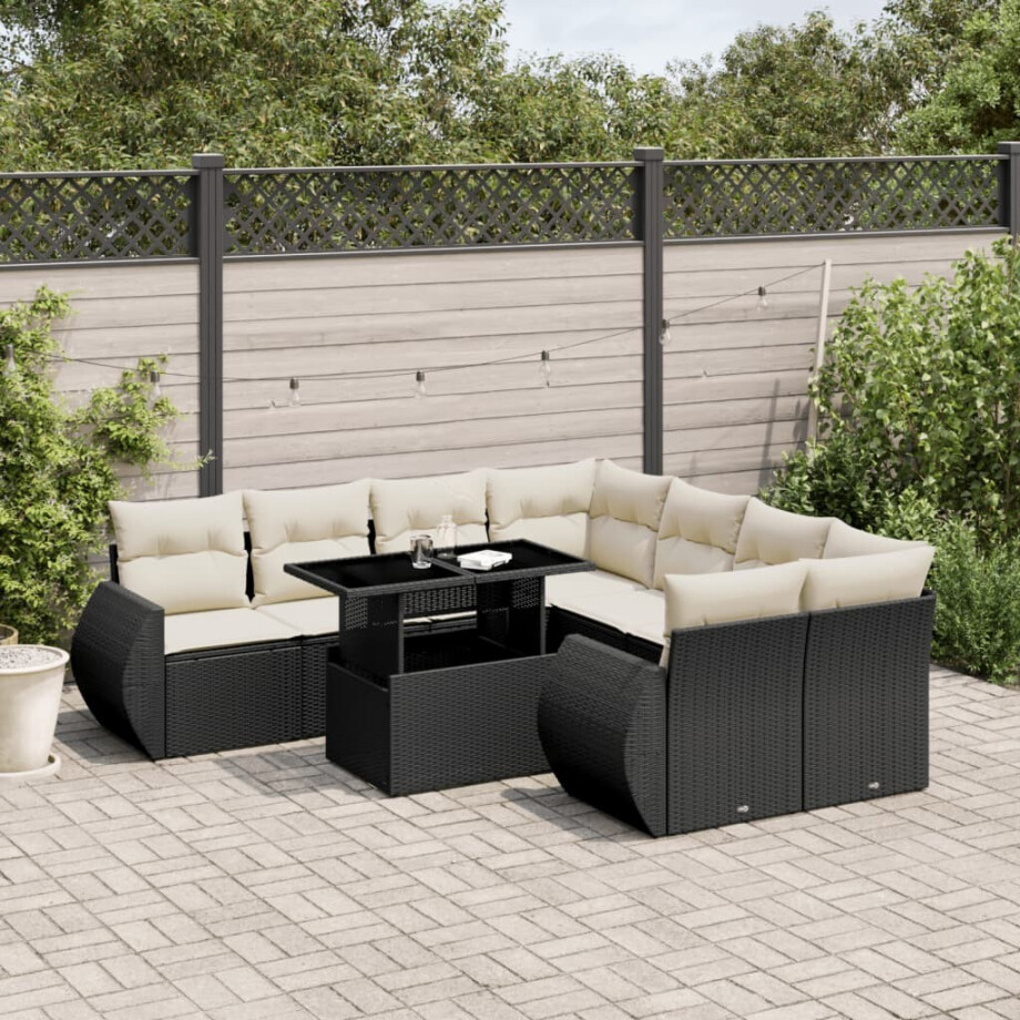 vidaXL 9-delige Loungeset met kussens poly rattan zwart afbeelding 1