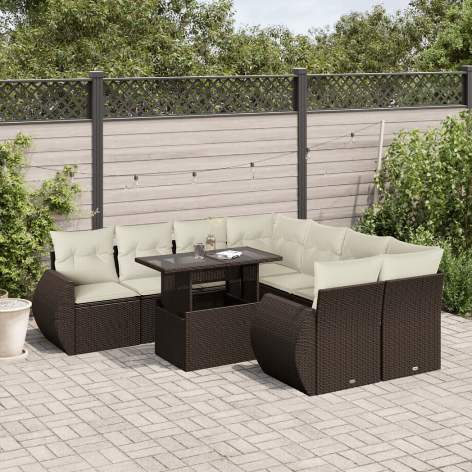 vidaXL 9-delige Loungeset met kussens poly rattan bruin afbeelding 1