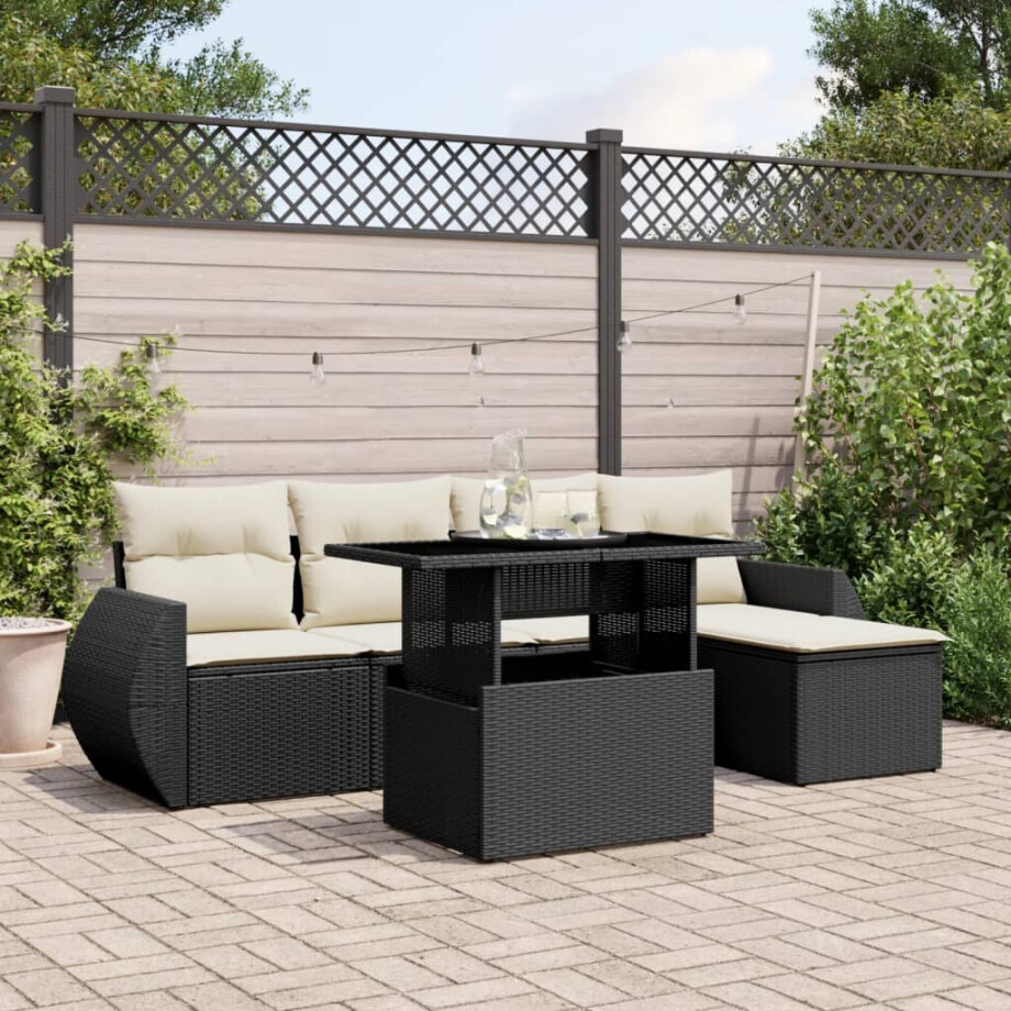 vidaXL 6-delige Loungeset met kussens poly rattan zwart afbeelding 1