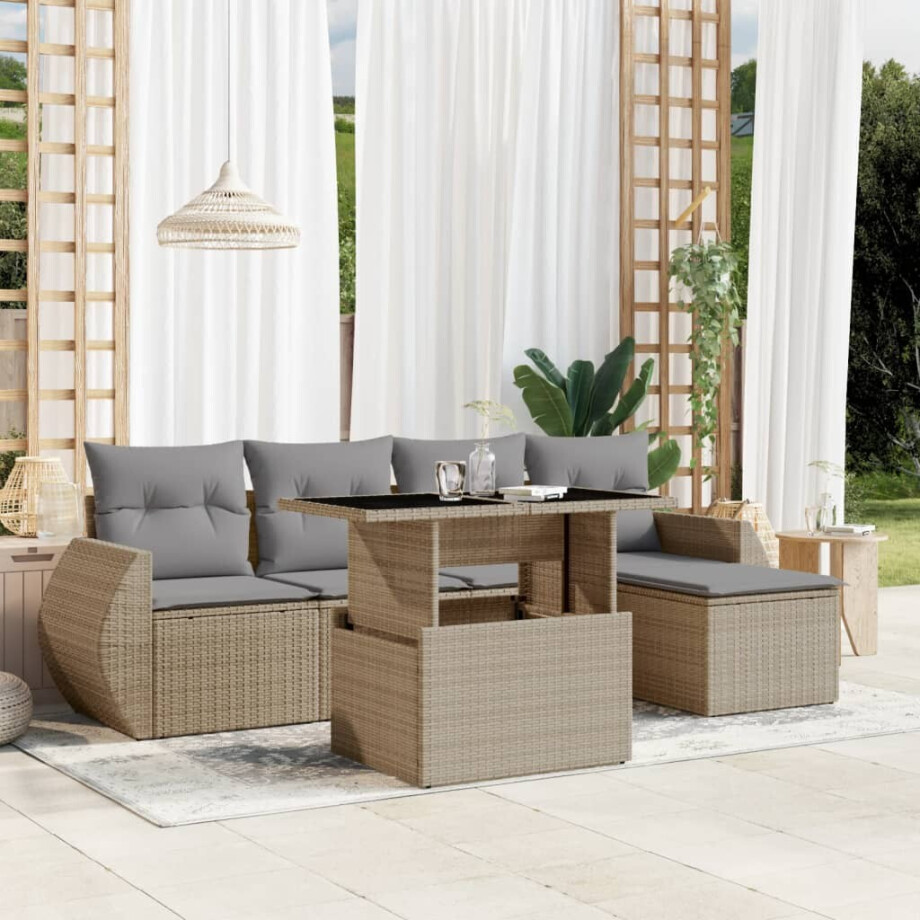 vidaXL 6-delige Loungeset met kussens poly rattan beige afbeelding 1