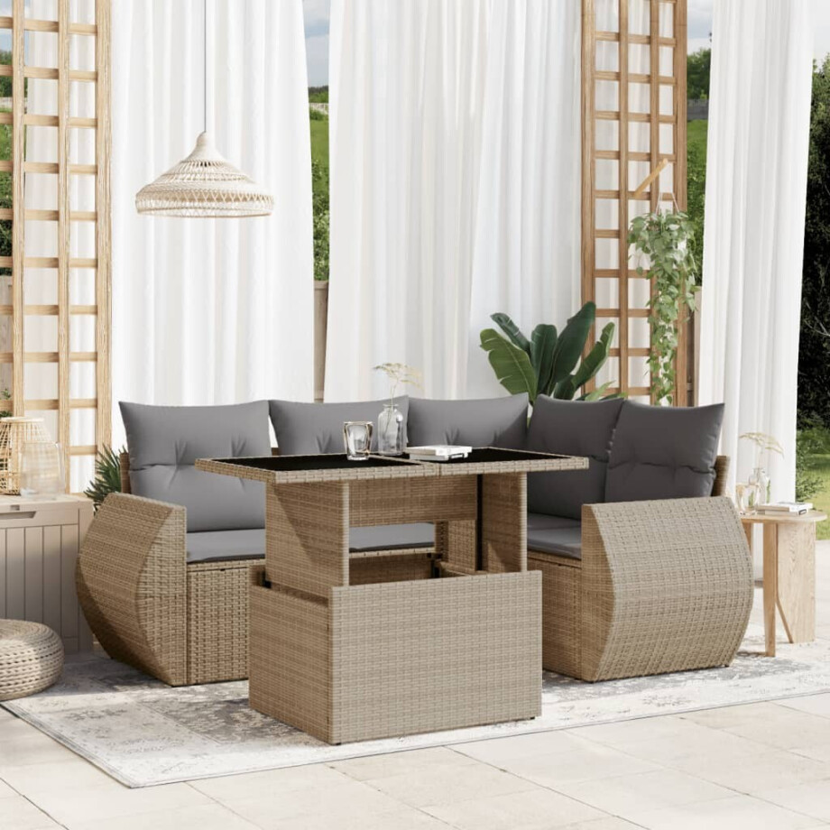 vidaXL 5-delige Loungeset met kussens poly rattan beige afbeelding 1
