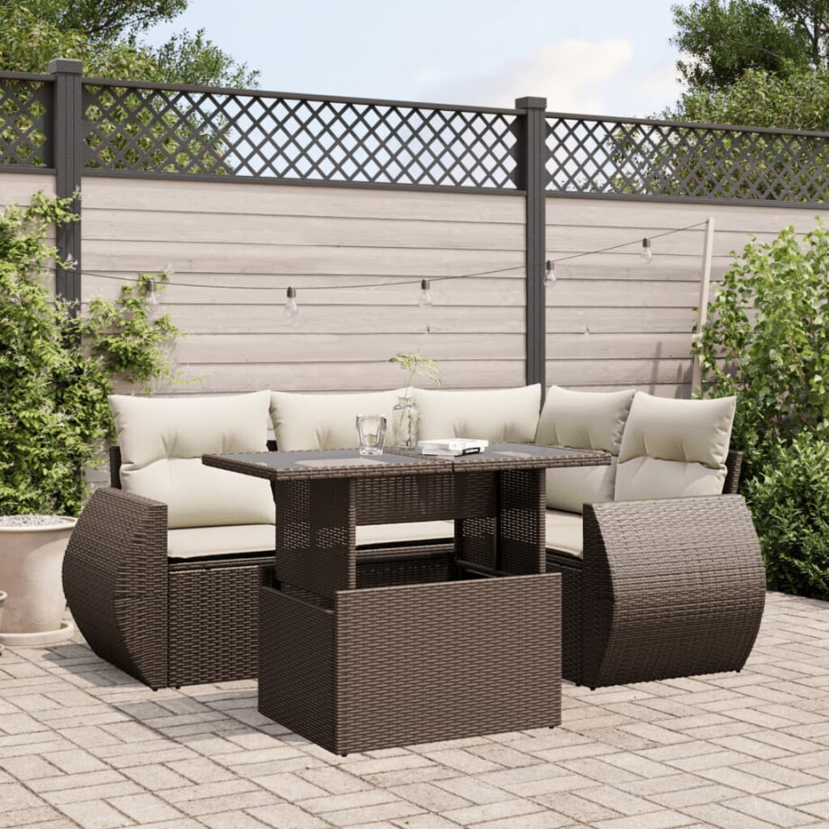 vidaXL 5-delige Loungeset met kussens poly rattan bruin afbeelding 1