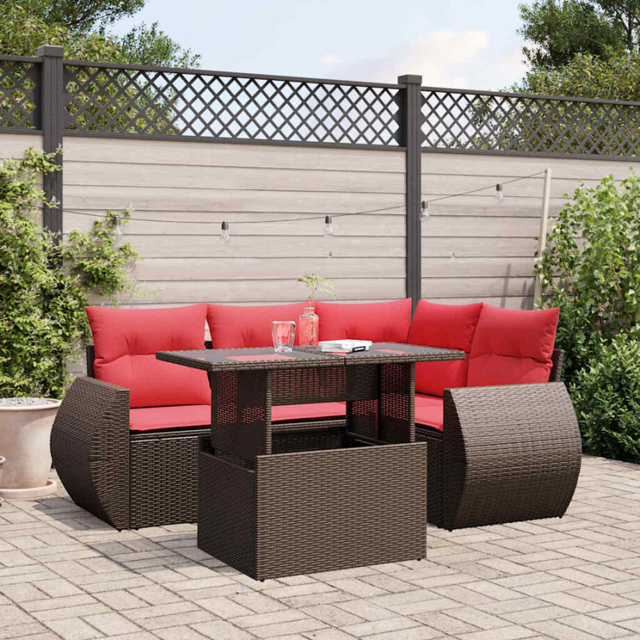 vidaXL 5-delige tuinbankset met kussens, bruin polyrotan vidaXL 5-delige tuinbankset met kussens, bruin polyrotan afbeelding 1