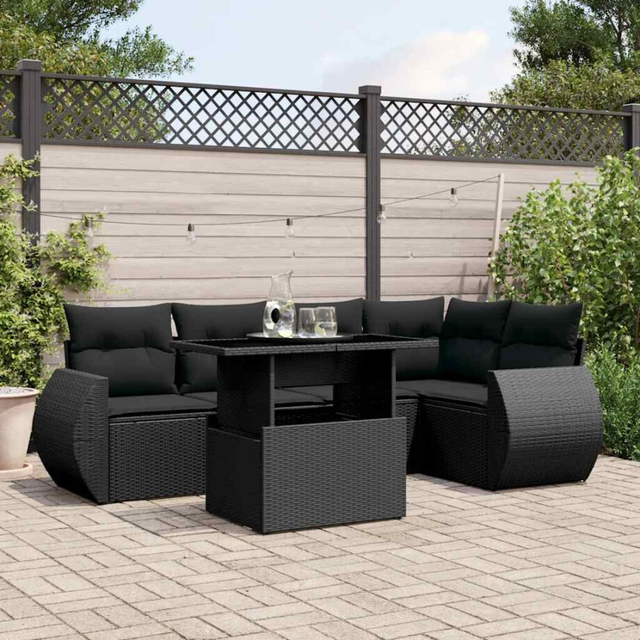 vidaXL 6-delige Loungeset met kussens poly rattan zwart afbeelding 1