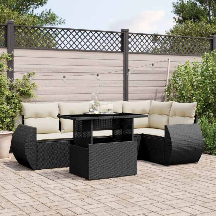 vidaXL 6-delige Loungeset met kussens poly rattan zwart afbeelding 1