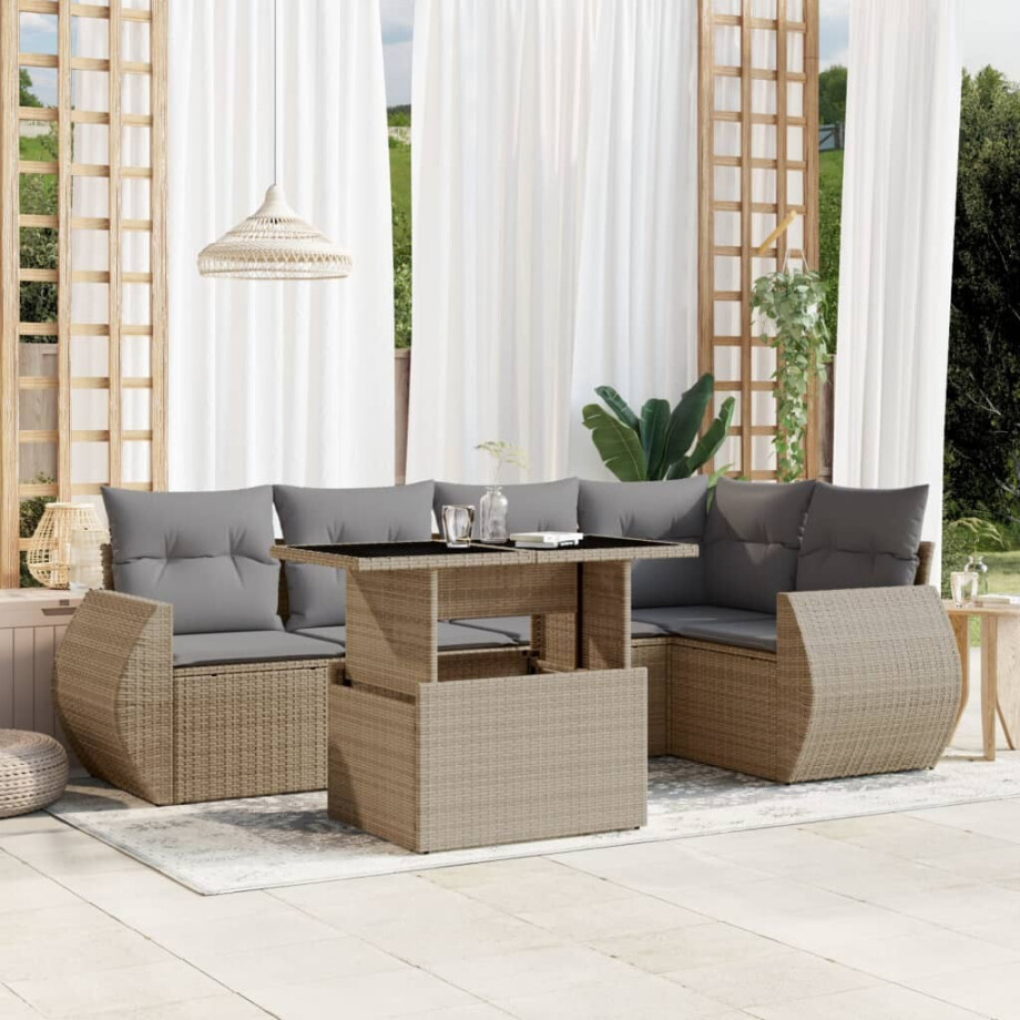 vidaXL 6-delige Loungeset met kussens poly rattan beige vidaXL 6-delige Loungeset met kussens poly rattan beige afbeelding 1