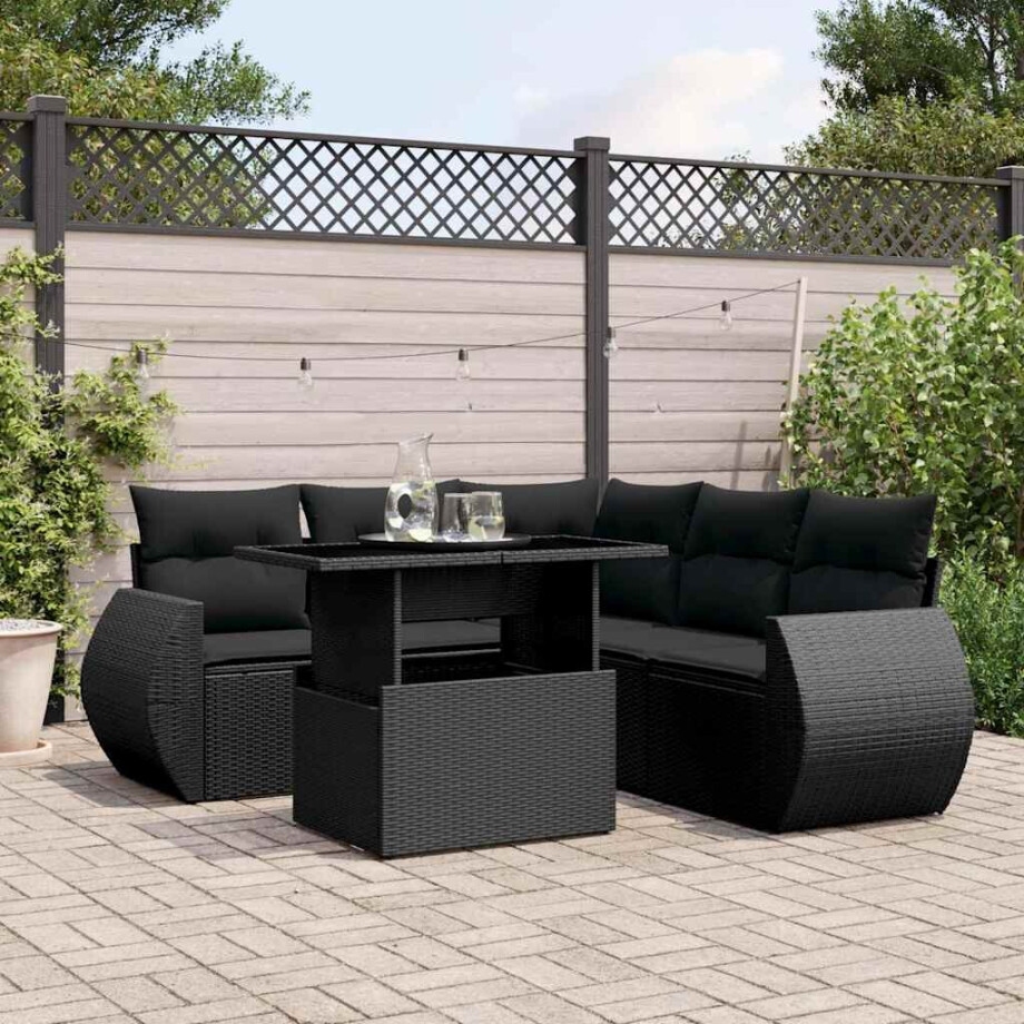 vidaXL 6-delige Loungeset met kussens poly rattan zwart afbeelding 1