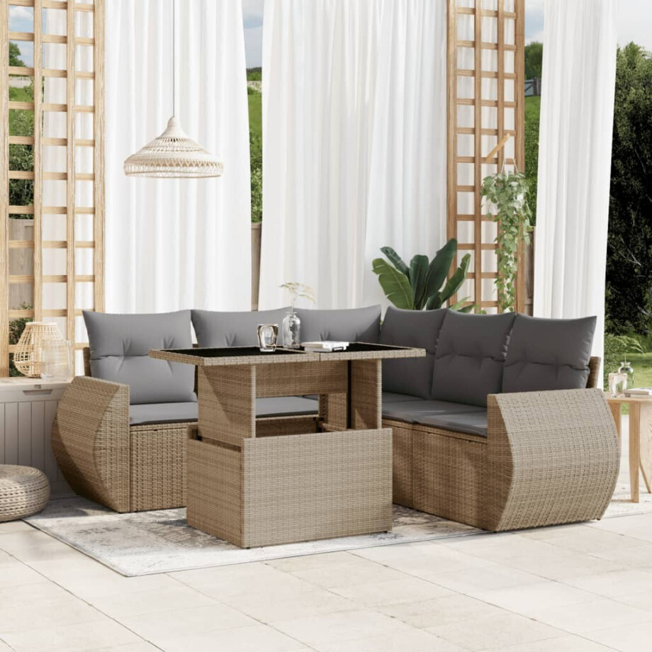 vidaXL 6-delige Loungeset met kussens poly rattan beige afbeelding 1