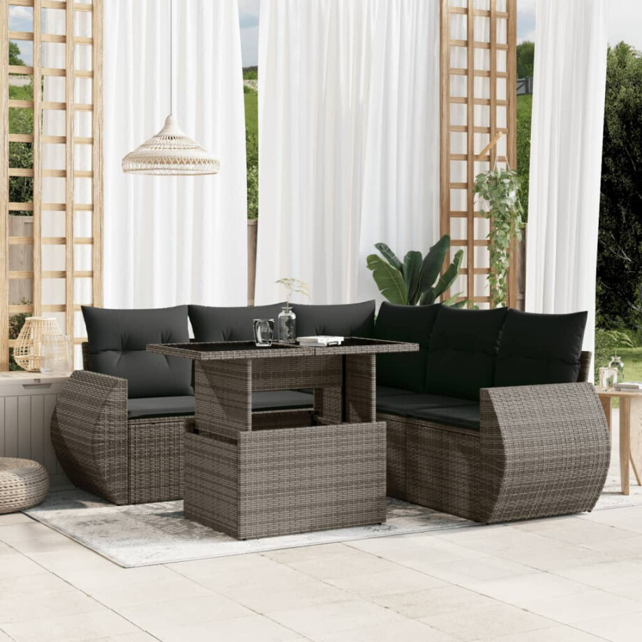 vidaXL 6-delige Loungeset met kussens poly rattan grijs afbeelding 1