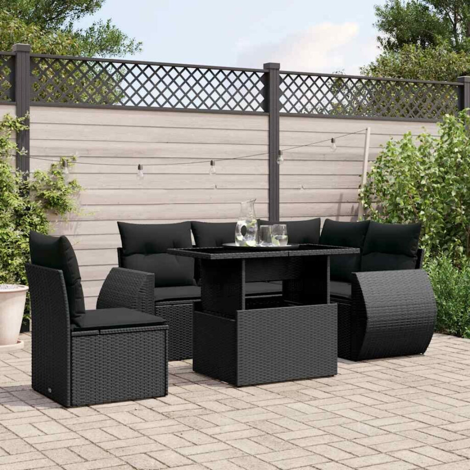 vidaXL 6-delige Loungeset met kussens poly rattan zwart afbeelding 1