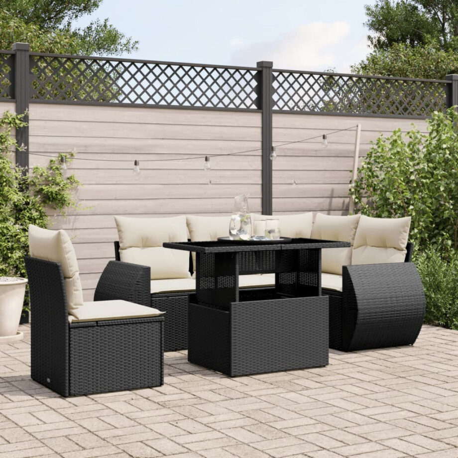 vidaXL 6-delige Loungeset met kussens poly rattan zwart afbeelding 1