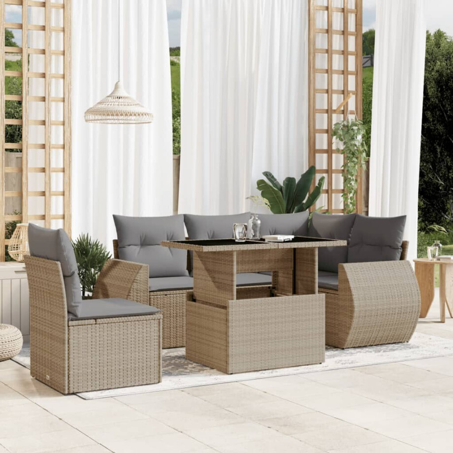 vidaXL 6-delige Loungeset met kussens poly rattan beige afbeelding 1