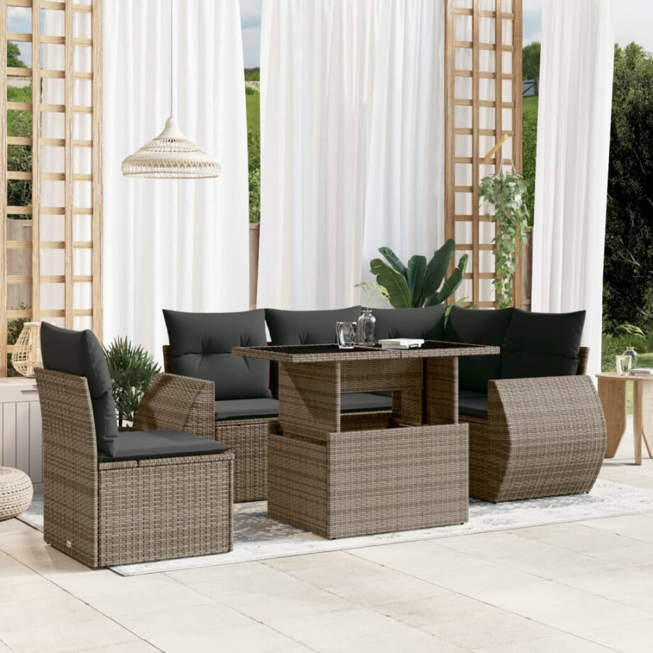 vidaXL 6-delige Loungeset met kussens poly rattan grijs afbeelding 1