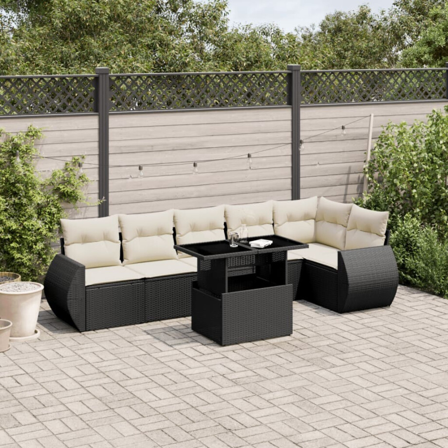 vidaXL 7-delige Loungeset met kussens poly rattan zwart vidaXL 7-delige Loungeset met kussens poly rattan zwart afbeelding 1