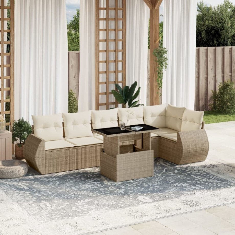 vidaXL 7-delige Loungeset met kussens poly rattan beige afbeelding 1