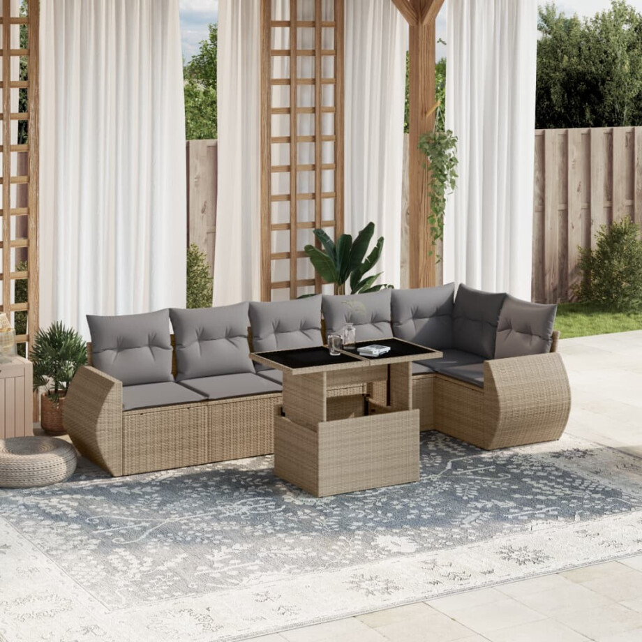 vidaXL 7-delige Loungeset met kussens poly rattan beige afbeelding 1