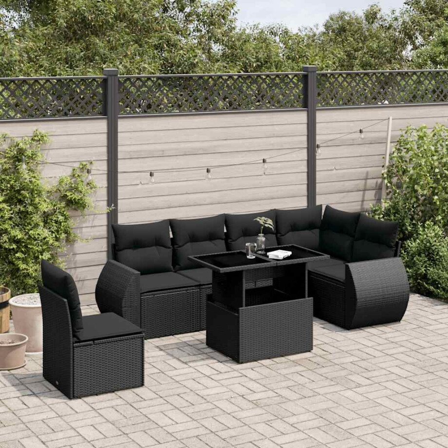 vidaXL 7-delige Loungeset met kussens poly rattan zwart afbeelding 1
