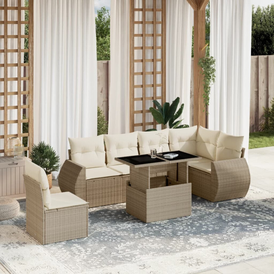 vidaXL 7-delige Loungeset met kussens poly rattan beige vidaXL 7-delige Loungeset met kussens poly rattan beige afbeelding 1