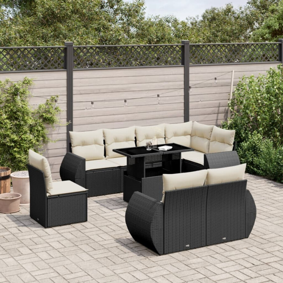 vidaXL 9-delige Loungeset met kussens poly rattan zwart afbeelding 1