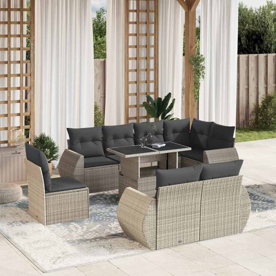 vidaXL 9-delige Loungeset met kussens poly rattan lichtgrijs afbeelding 1
