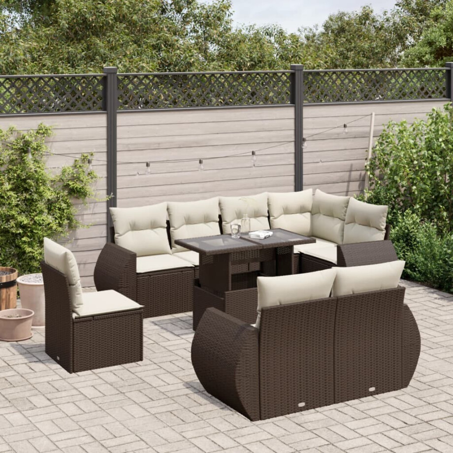 vidaXL 9-delige Loungeset met kussens poly rattan bruin afbeelding 1