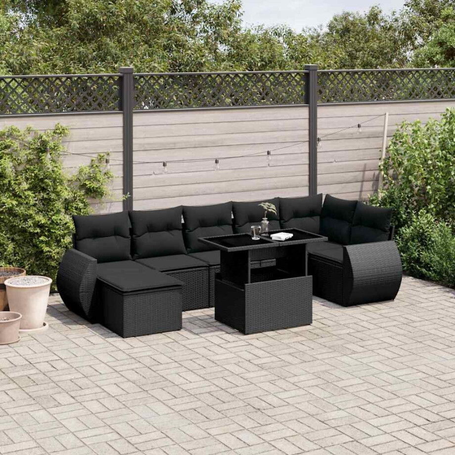 vidaXL 8-delige Loungeset met kussens poly rattan zwart afbeelding 1