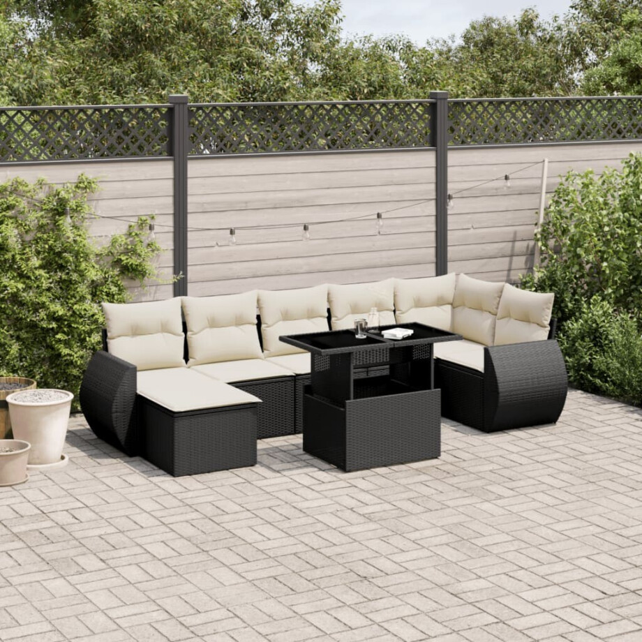 vidaXL 8-delige Loungeset met kussens poly rattan zwart afbeelding 1