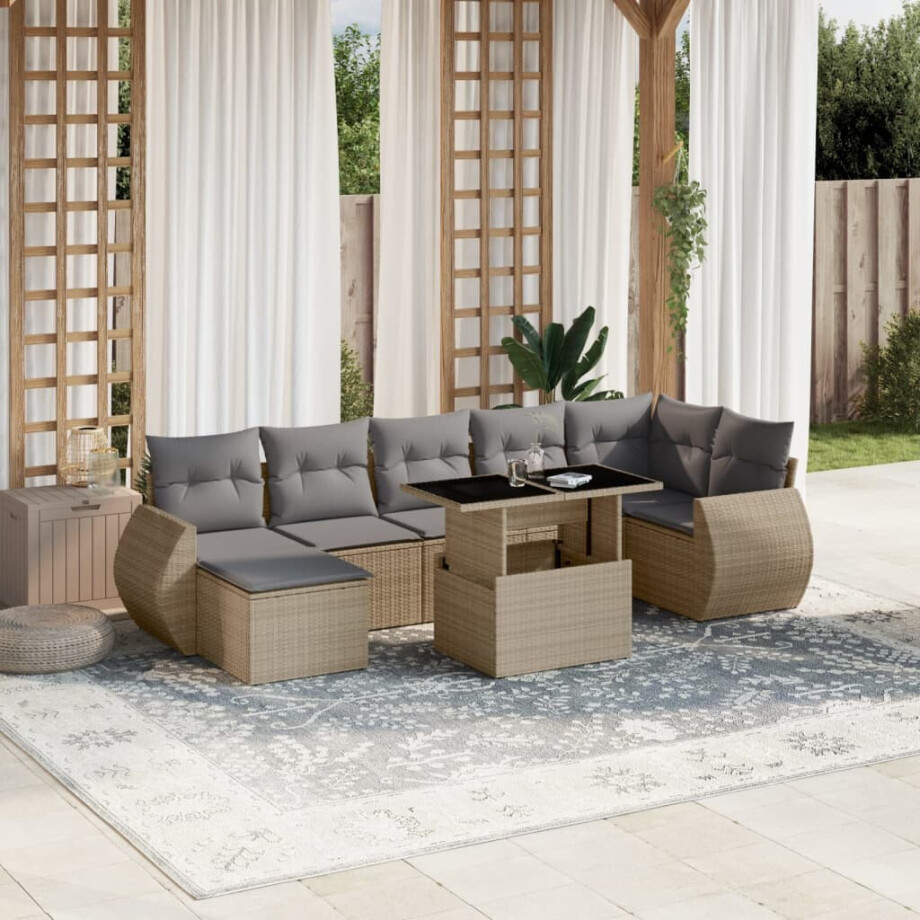 vidaXL 8-delige Loungeset met kussens poly rattan beige afbeelding 1