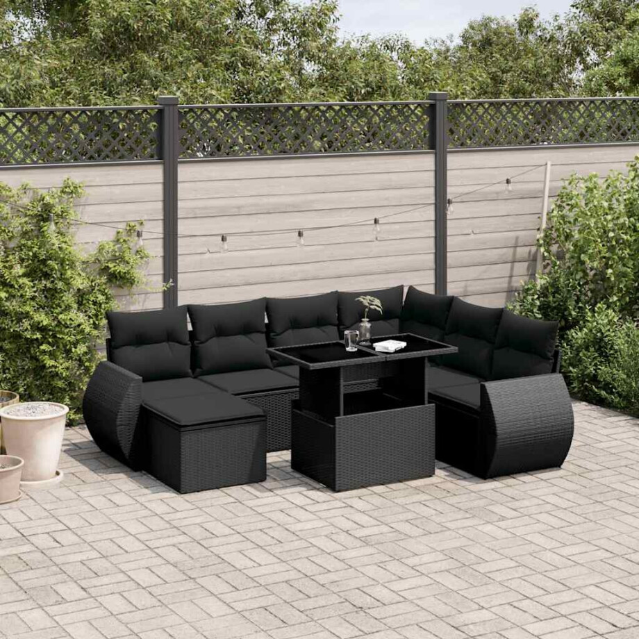 vidaXL 8-delige Loungeset met kussens poly rattan zwart afbeelding 1