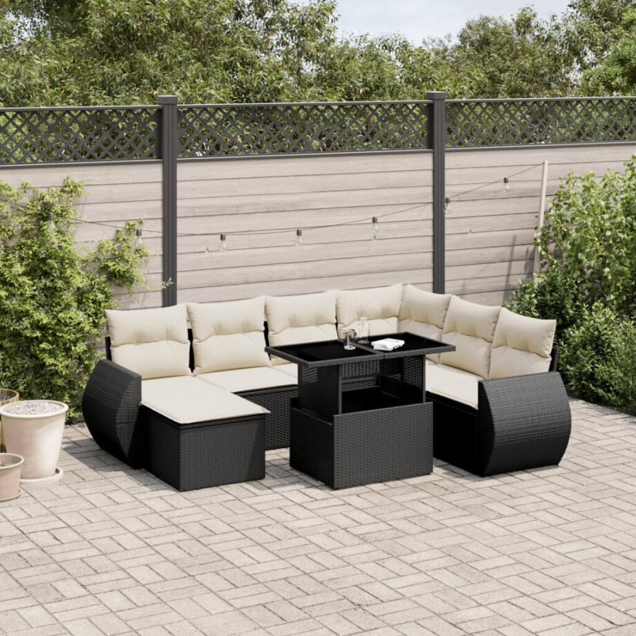 vidaXL 8-delige Loungeset met kussens poly rattan zwart afbeelding 1