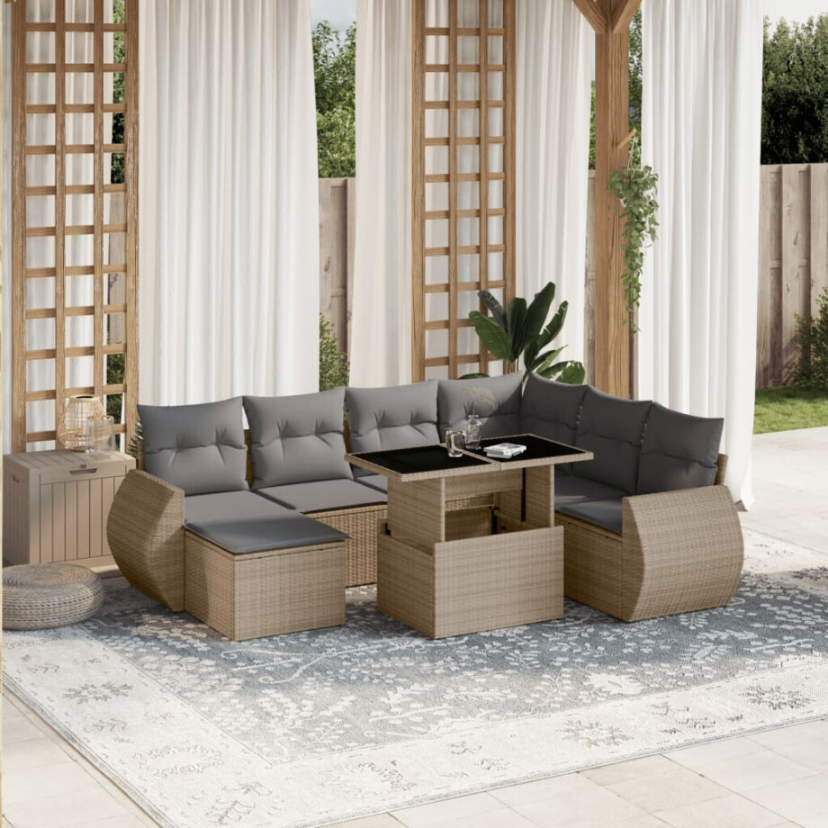vidaXL 8-delige Loungeset met kussens poly rattan beige afbeelding 1