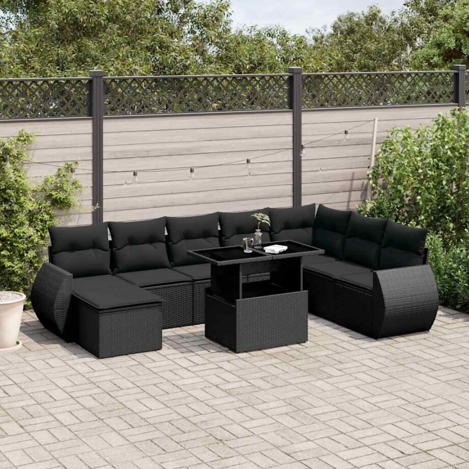vidaXL 9-delige Loungeset met kussens poly rattan zwart afbeelding 1