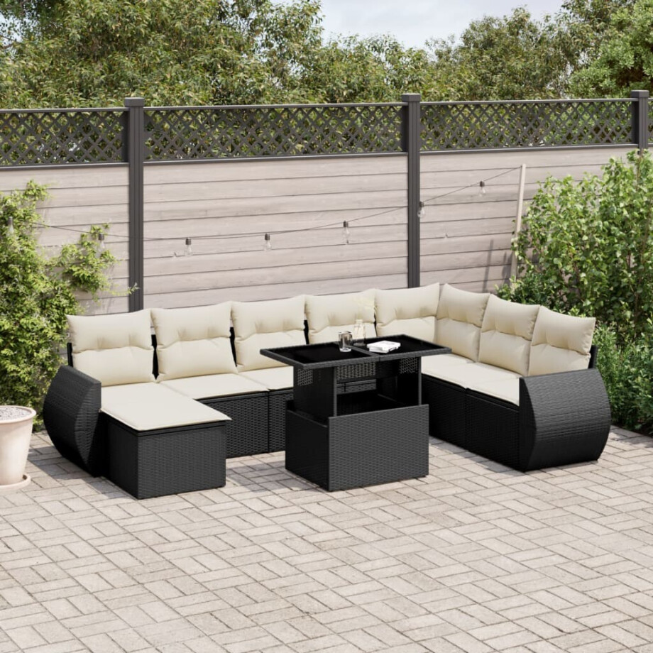 vidaXL 9-delige Loungeset met kussens poly rattan zwart afbeelding 1