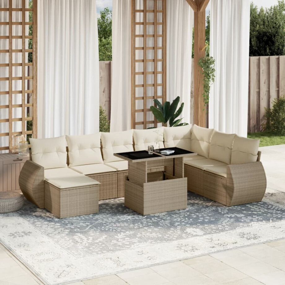 vidaXL 9-delige Loungeset met kussens poly rattan beige vidaXL 9-delige Loungeset met kussens poly rattan beige afbeelding 1