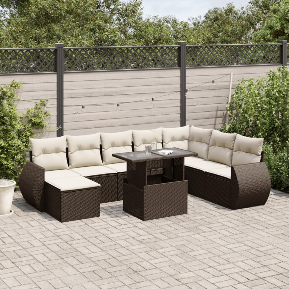 vidaXL 9-delige Loungeset met kussens poly rattan bruin afbeelding 1