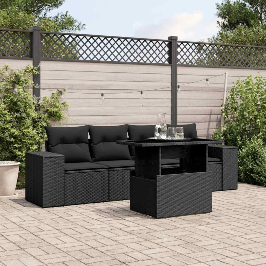 vidaXL 5-delige Loungeset met kussens poly rattan zwart afbeelding 1