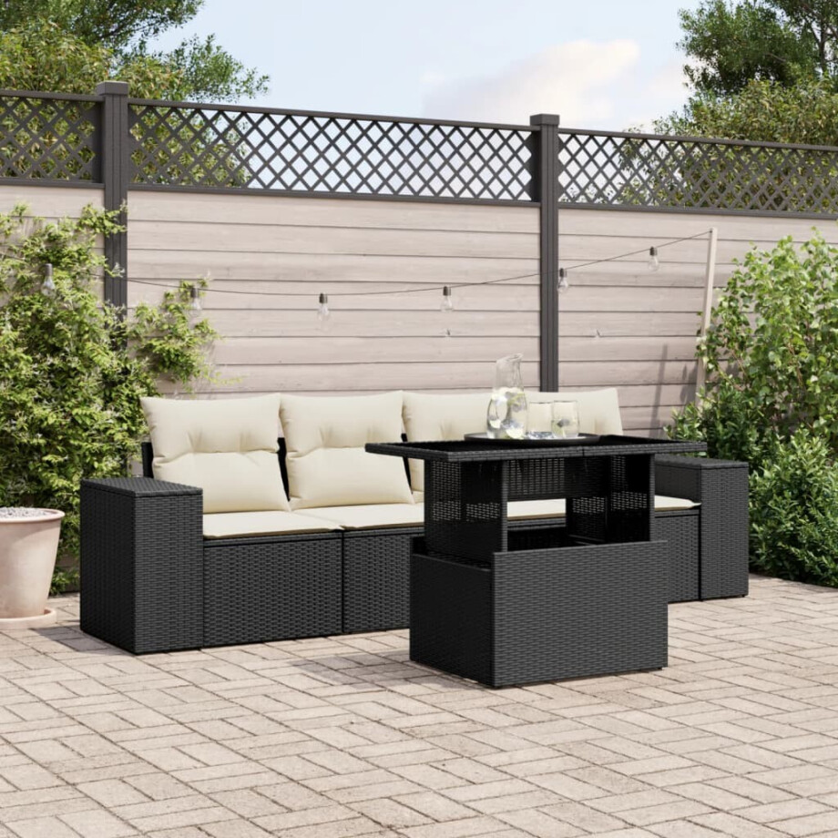 vidaXL 5-delige Loungeset met kussens poly rattan zwart afbeelding 1