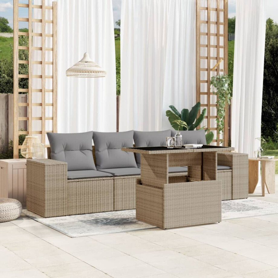 vidaXL 5-delige Loungeset met kussens poly rattan beige afbeelding 1