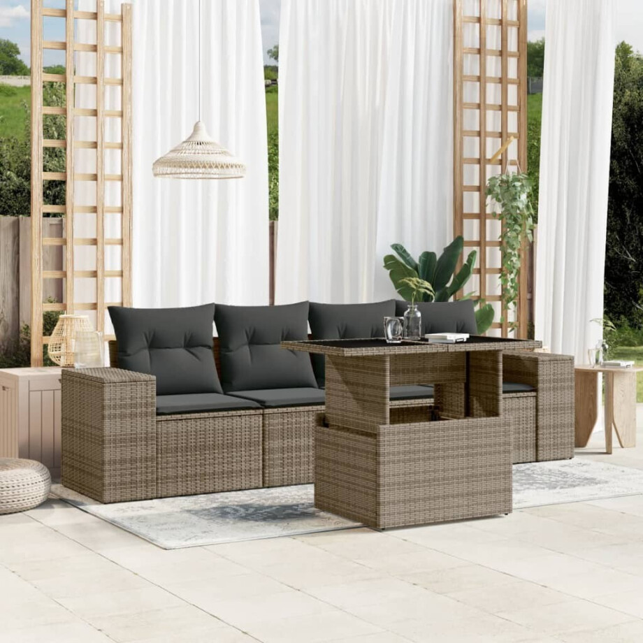 vidaXL 5-delige Loungeset met kussens poly rattan grijs afbeelding 1