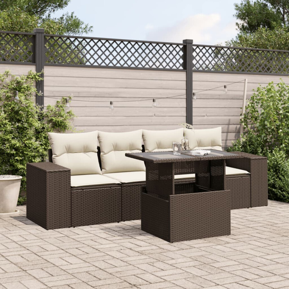 vidaXL 5-delige Loungeset met kussens poly rattan bruin afbeelding 1